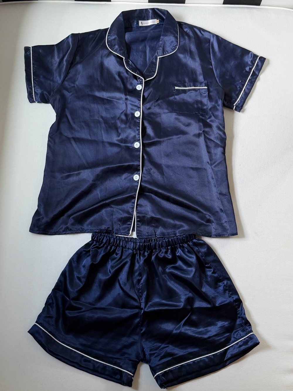 Navy Satin Pajama Set with Contrast Piping - Picture 2 of 8